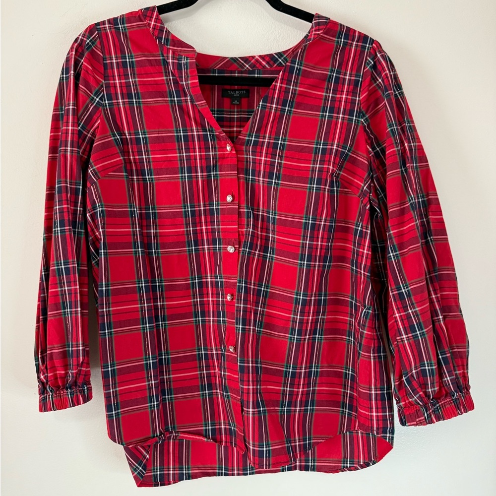 Talbots Red Plaid Button-Up Women's blouse with rhinestone buttons in size LP